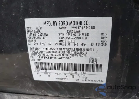 2022 Ford Explorer Timberline из США, поврежденный, VIN 1FMSK8JH6NGA21340